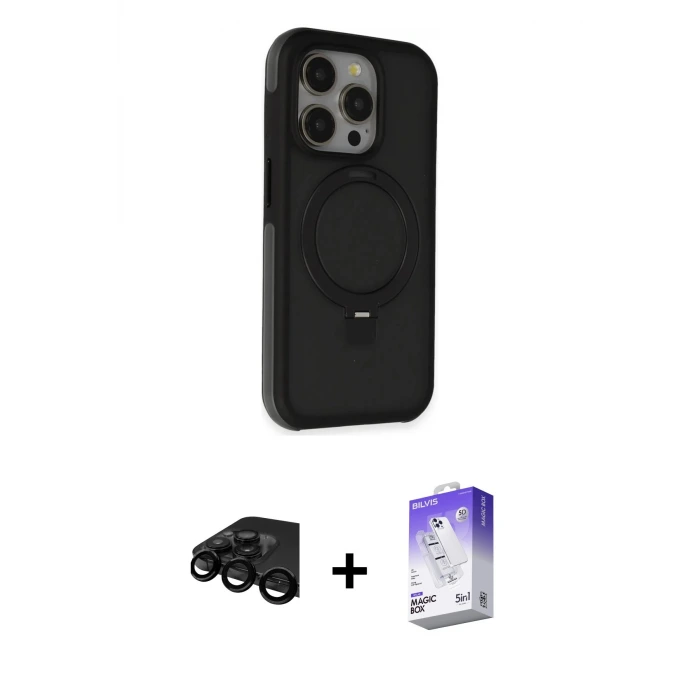 ieg™ iPhone 15 Pro Max Kılıf Ahenk Yansıma Özel Seri - Siyah Bilvis 5in1 3D Magic Cam Ekran Koruyucu + Raze Metal Kamera Lens - SH