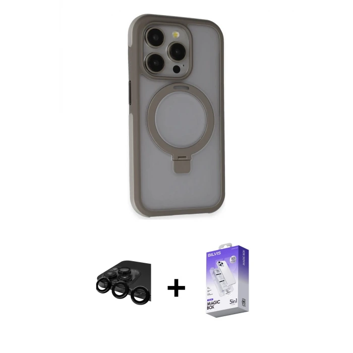 ieg™ iPhone 15 Pro Max Kılıf Ahenk Yansıma Özel Seri - Siyah Bilvis 5in1 3D Magic Cam Ekran Koruyucu + Raze Metal Kamera Lens - SH