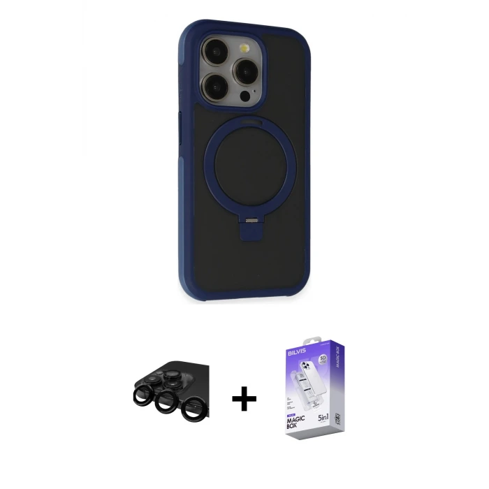 ieg™ iPhone 15 Pro Max Kılıf Ahenk Yansıma Özel Seri - Siyah Bilvis 5in1 3D Magic Cam Ekran Koruyucu + Raze Metal Kamera Lens - SH