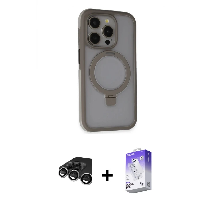 ieg™ iPhone 15 Pro Max Kılıf Ahenk Yansıma Özel Seri - Siyah Bilvis 5in1 3D Magic Cam Ekran Koruyucu + Raze Metal Kamera Lens - GS