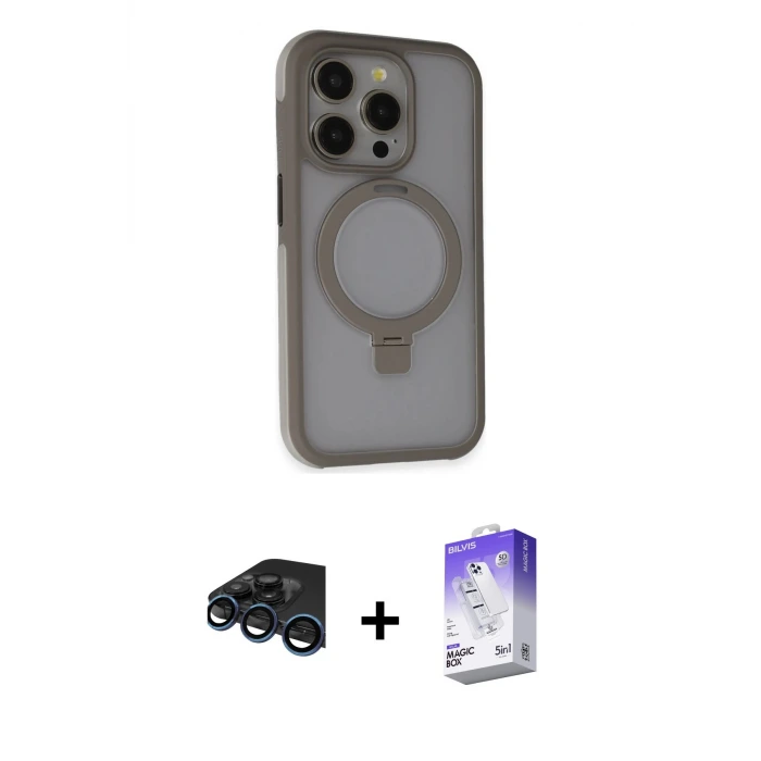 ieg™ iPhone 15 Pro Max Kılıf Ahenk Yansıma Özel Seri - Siyah Bilvis 5in1 3D Magic Cam Ekran Koruyucu + Raze Metal Kamera Lens - LT