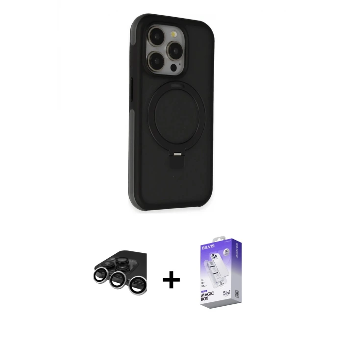 ieg™ iPhone 15 Pro Max Kılıf Ahenk Yansıma Özel Seri - Siyah Bilvis 5in1 3D Magic Cam Ekran Koruyucu + Raze Metal Kamera Lens - GS