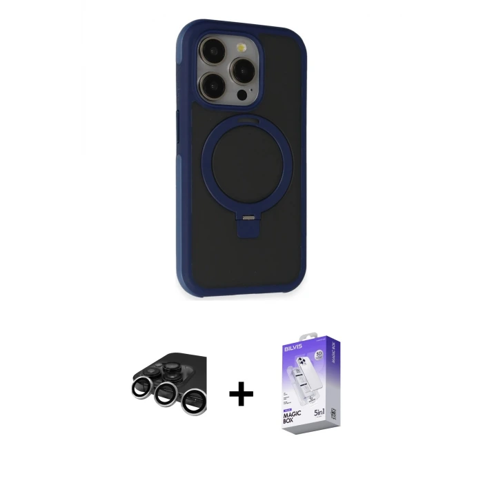 ieg™ iPhone 15 Pro Max Kılıf Ahenk Yansıma Özel Seri - Siyah Bilvis 5in1 3D Magic Cam Ekran Koruyucu + Raze Metal Kamera Lens - GS