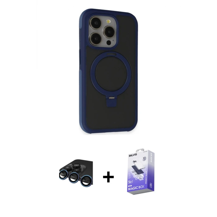 ieg™ iPhone 15 Pro Max Kılıf Ahenk Yansıma Özel Seri - Siyah Bilvis 5in1 5D Magic Hayalet Cam Ekran Koruyucu + Raze Metal Kamera Lens - LT
