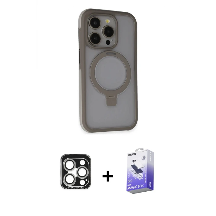 ieg™ iPhone 15 Pro Max Kılıf Ahenk Yansıma Özel Seri - Siyah Bilvis 5in1 5D Magic Hayalet Cam Ekran Koruyucu + PVD Metal Kamera Lens - GS