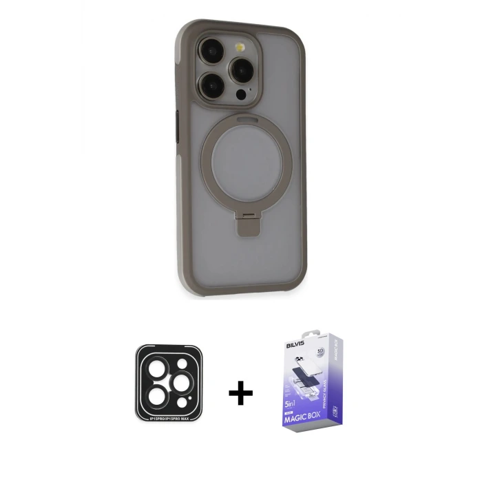 ieg™ iPhone 15 Pro Max Kılıf Ahenk Yansıma Özel Seri - Siyah Bilvis 5in1 5D Magic Hayalet Cam Ekran Koruyucu + PVD Metal Kamera Lens - SH