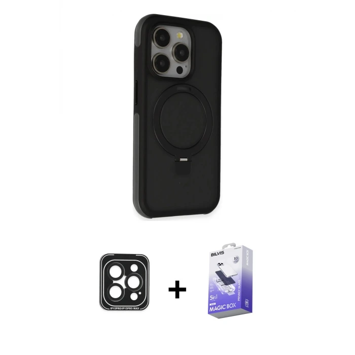 ieg™ iPhone 15 Pro Max Kılıf Ahenk Yansıma Özel Seri - Siyah Bilvis 5in1 5D Magic Hayalet Cam Ekran Koruyucu + PVD Metal Kamera Lens - SH