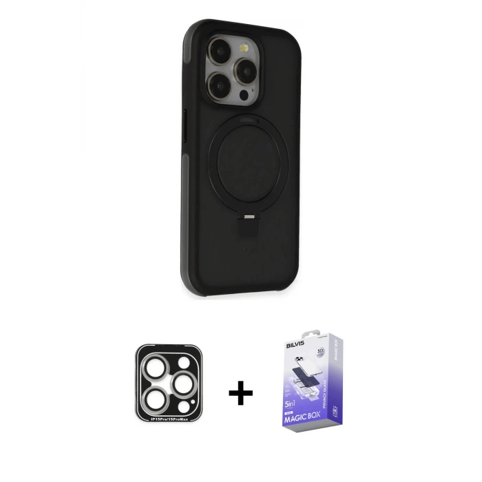 ieg™ iPhone 15 Pro Max Kılıf Ahenk Yansıma Özel Seri - Siyah Bilvis 5in1 5D Magic Hayalet Cam Ekran Koruyucu + PVD Metal Kamera Lens - GS
