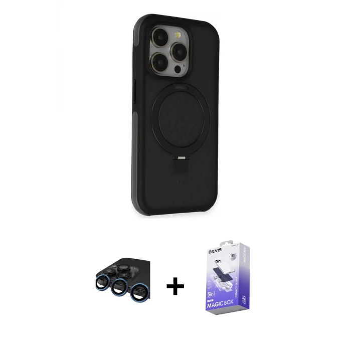ieg™ iPhone 15 Pro Max Kılıf Ahenk Yansıma Özel Seri - Siyah Bilvis 5in1 5D Magic Hayalet Cam Ekran Koruyucu + Raze Metal Kamera Lens - LT