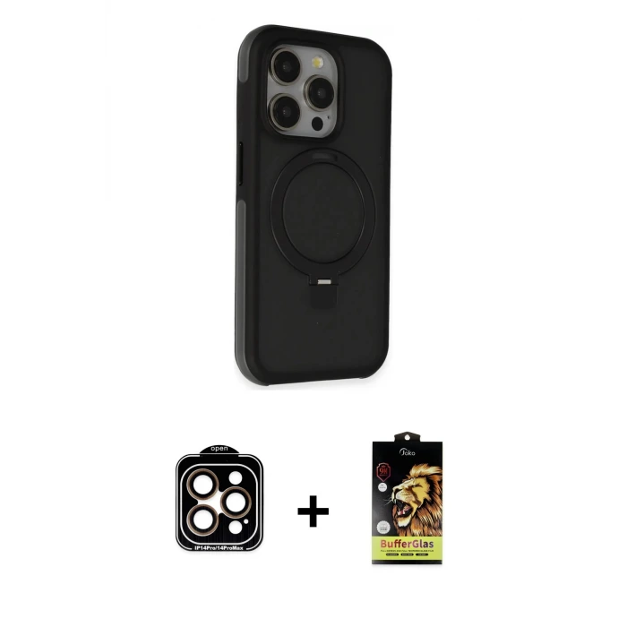 ieg™ iPhone 15 Pro Max Kılıf Ahenk Yansıma Özel Seri - Siyah Buffer Cam Ekran Koruyucu + PVD Metal Kamera Lens - TU
