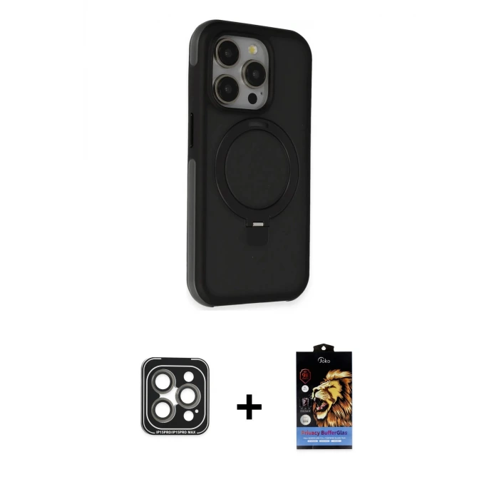 ieg™ iPhone 15 Pro Max Kılıf Ahenk Yansıma Özel Seri - Siyah Buffer Hayalet Cam Ekran Koruyucu + PVD Metal Kamera Lens - GI