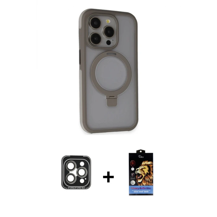 ieg™ iPhone 15 Pro Max Kılıf Ahenk Yansıma Özel Seri - Siyah Buffer Hayalet Cam Ekran Koruyucu + PVD Metal Kamera Lens - GI