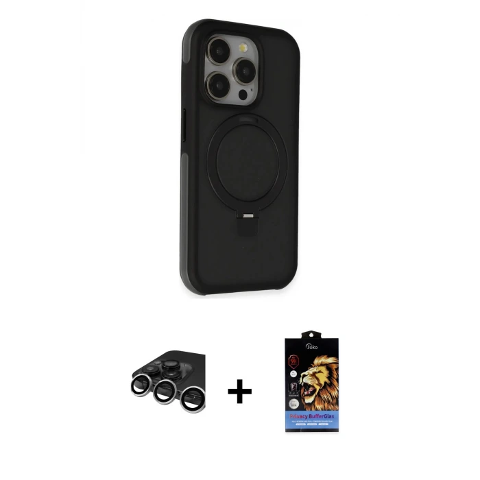 ieg™ iPhone 15 Pro Max Kılıf Ahenk Yansıma Özel Seri - Siyah Buffer Hayalet Cam Ekran Koruyucu + Raze Metal Kamera Lens - GS