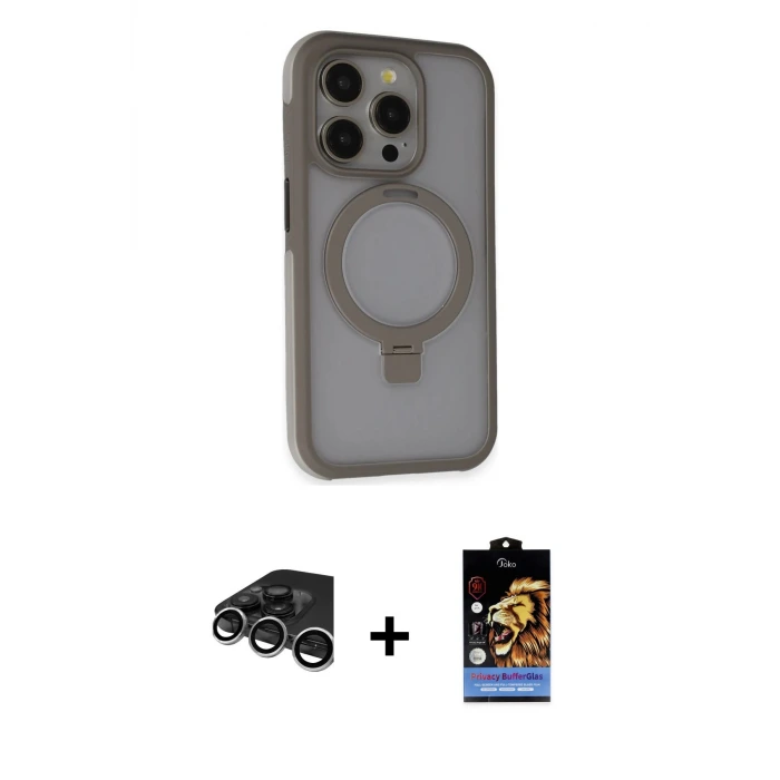 ieg™ iPhone 15 Pro Max Kılıf Ahenk Yansıma Özel Seri - Siyah Buffer Hayalet Cam Ekran Koruyucu + Raze Metal Kamera Lens - GS