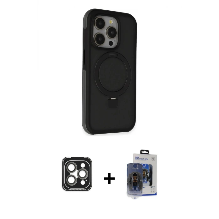 ieg™ iPhone 15 Pro Max Kılıf Ahenk Yansıma Özel Seri - Siyah Vanessa Magic Cam + PVD Metal Kamera Lens - GI