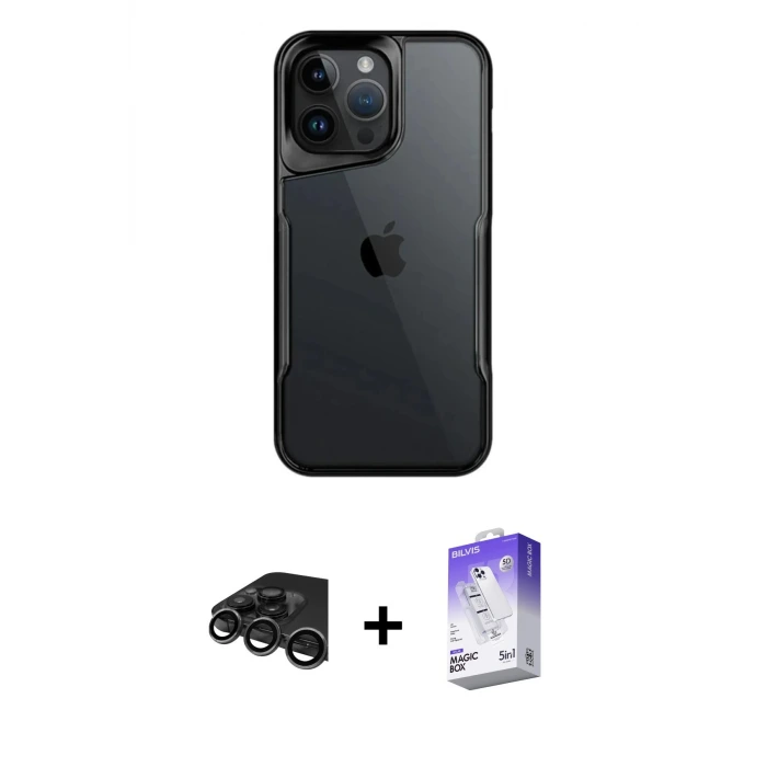 ieg™ iPhone 15 Pro Max Kılıf Akış Çizgi Koleksiyonu - Siyah Bilvis 5in1 3D Magic Cam Ekran Koruyucu + Raze Metal Kamera Lens - TMGI