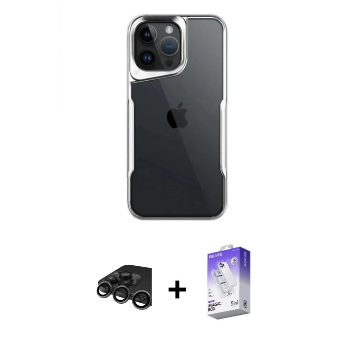ieg™ iPhone 15 Pro Max Kılıf Akış Çizgi Koleksiyonu - Siyah Bilvis 5in1 3D Magic Cam Ekran Koruyucu + Raze Metal Kamera Lens - TMGI