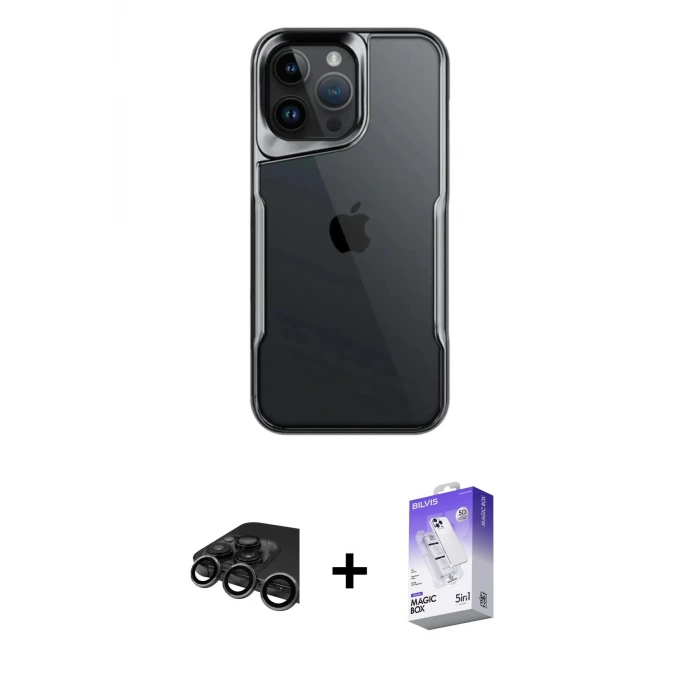 ieg™ iPhone 15 Pro Max Kılıf Akış Çizgi Koleksiyonu - Siyah Bilvis 5in1 3D Magic Cam Ekran Koruyucu + Raze Metal Kamera Lens - TMGI