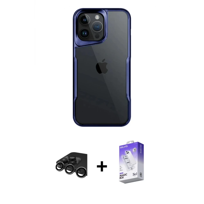 ieg™ iPhone 15 Pro Max Kılıf Akış Çizgi Koleksiyonu - Siyah Bilvis 5in1 3D Magic Cam Ekran Koruyucu + Raze Metal Kamera Lens - TMGI