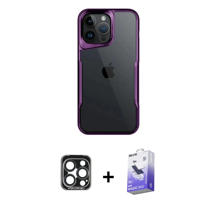 ieg™ iPhone 15 Pro Max Kılıf Akış Çizgi Koleksiyonu - Siyah Bilvis 5in1 5D Magic Hayalet Cam Ekran Koruyucu + PVD Metal Kamera Lens - LT