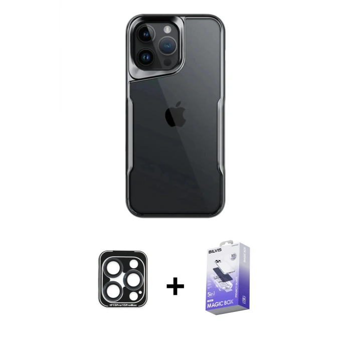 ieg™ iPhone 15 Pro Max Kılıf Akış Çizgi Koleksiyonu - Siyah Bilvis 5in1 5D Magic Hayalet Cam Ekran Koruyucu + PVD Metal Kamera Lens - LT