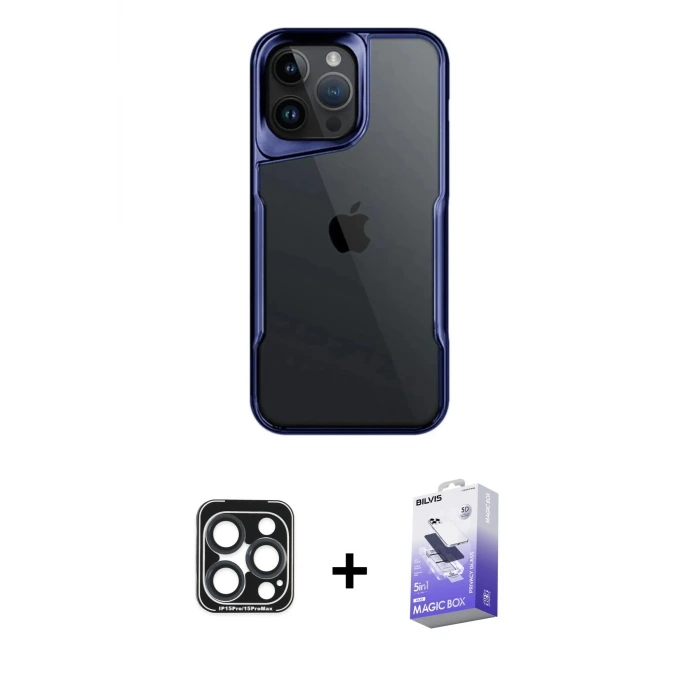 ieg™ iPhone 15 Pro Max Kılıf Akış Çizgi Koleksiyonu - Siyah Bilvis 5in1 5D Magic Hayalet Cam Ekran Koruyucu + PVD Metal Kamera Lens - LT