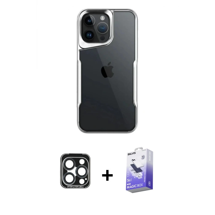 ieg™ iPhone 15 Pro Max Kılıf Akış Çizgi Koleksiyonu - Siyah Bilvis 5in1 5D Magic Hayalet Cam Ekran Koruyucu + PVD Metal Kamera Lens - LT