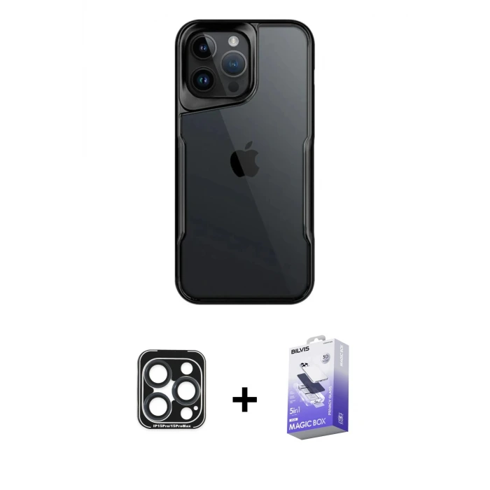 ieg™ iPhone 15 Pro Max Kılıf Akış Çizgi Koleksiyonu - Siyah Bilvis 5in1 5D Magic Hayalet Cam Ekran Koruyucu + PVD Metal Kamera Lens - LT