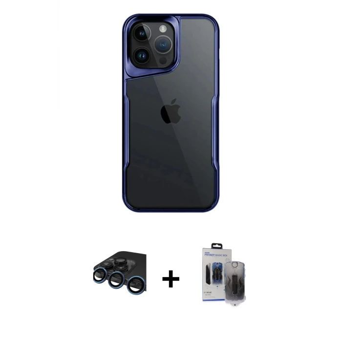 ieg™ iPhone 15 Pro Max Kılıf Akış Çizgi Koleksiyonu - Siyah Vanessa Magic Hayalet Cam + Raze Metal Kamera Lens - LT