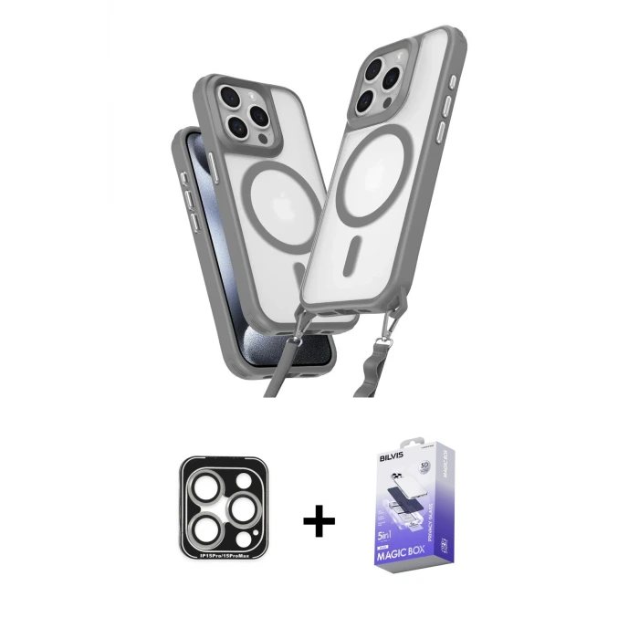 ieg™ iPhone 15 Pro Max Kılıf Atlas Doku Koleksiyonu - Siyah Bilvis 5in1 5D Magic Hayalet Cam Ekran Koruyucu + PVD Metal Kamera Lens - GS