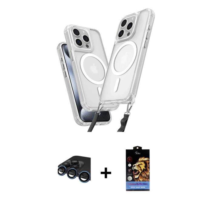 ieg™ iPhone 15 Pro Max Kılıf Atlas Doku Koleksiyonu - Siyah Buffer Hayalet Cam Ekran Koruyucu + Raze Metal Kamera Lens - LT