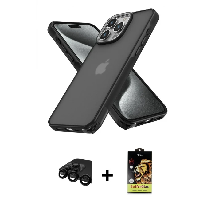 ieg™ iPhone 15 Pro Max Kılıf Atlas Form - Siyah Buffer Cam Ekran Koruyucu + Raze Metal Kamera Lens - SH