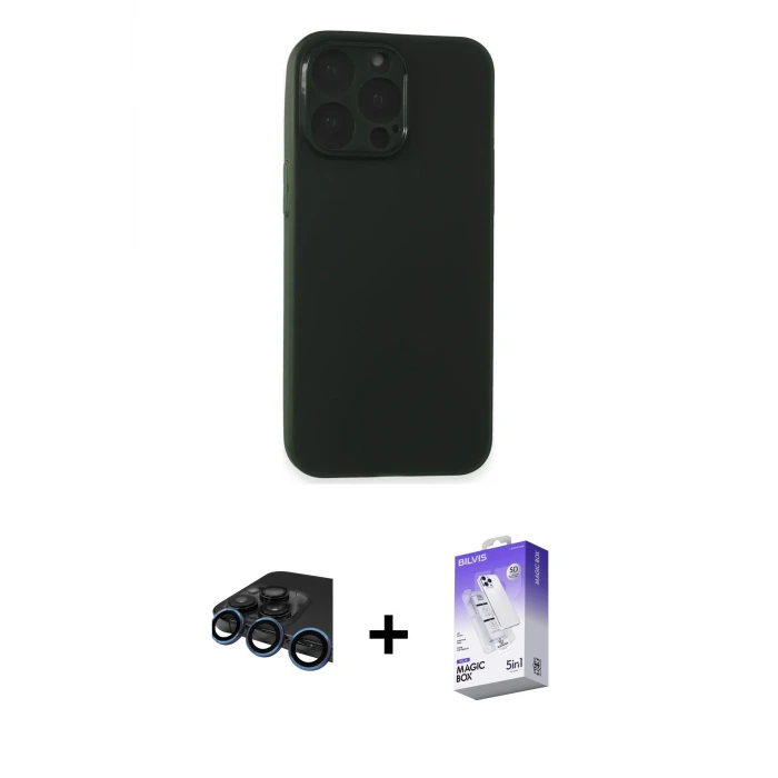 ieg™ iPhone 15 Pro Max Kılıf Atlas Minimal Prime - Siyah Bilvis 5in1 3D Magic Cam Ekran Koruyucu + Raze Metal Kamera Lens - LT