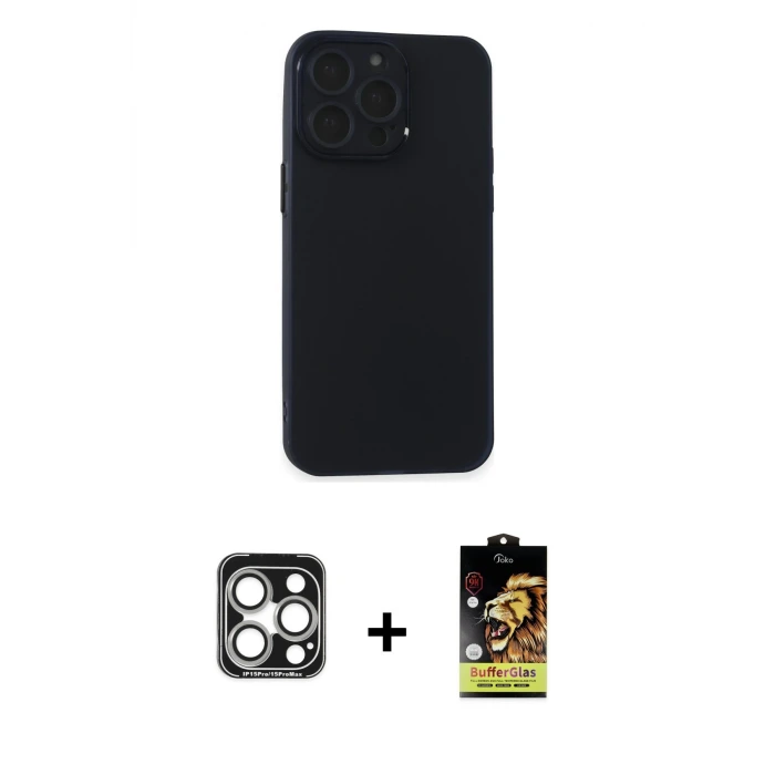 ieg™ iPhone 15 Pro Max Kılıf Atlas Minimal Prime - Siyah Buffer Cam Ekran Koruyucu + PVD Metal Kamera Lens - GS