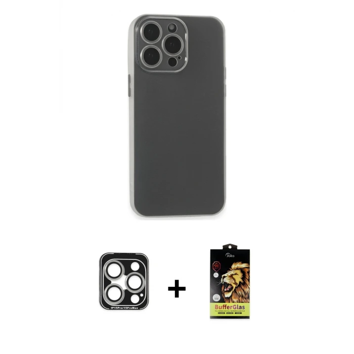 ieg™ iPhone 15 Pro Max Kılıf Atlas Minimal Prime - Siyah Buffer Cam Ekran Koruyucu + PVD Metal Kamera Lens - GS