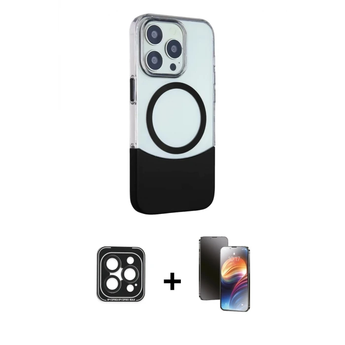 ieg™ iPhone 15 Pro Max Kılıf Çekirdek Asil Özel Seri - Siyah 3D Antistatik Mat Seramik Nano Ekran Koruyucu + PVD Metal Kamera Lens - SH