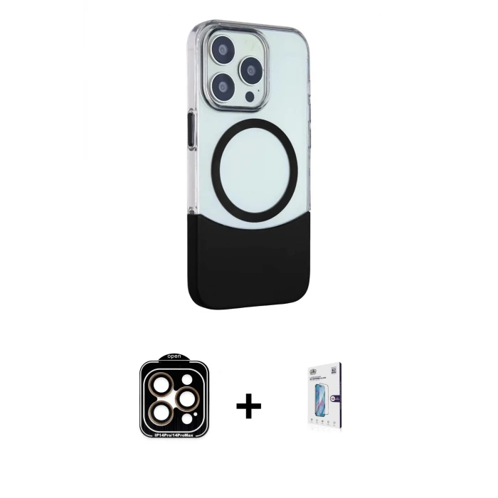 ieg™ iPhone 15 Pro Max Kılıf Çekirdek Asil Özel Seri - Siyah Bilvis 0.18mm Plus Cam Ekran Koruyucu + PVD Metal Kamera Lens - TU