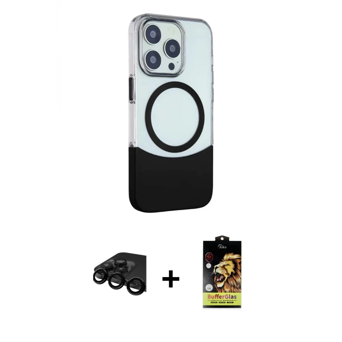 ieg™ iPhone 15 Pro Max Kılıf Çekirdek Asil Özel Seri - Siyah Buffer Cam Ekran Koruyucu + Raze Metal Kamera Lens - SH
