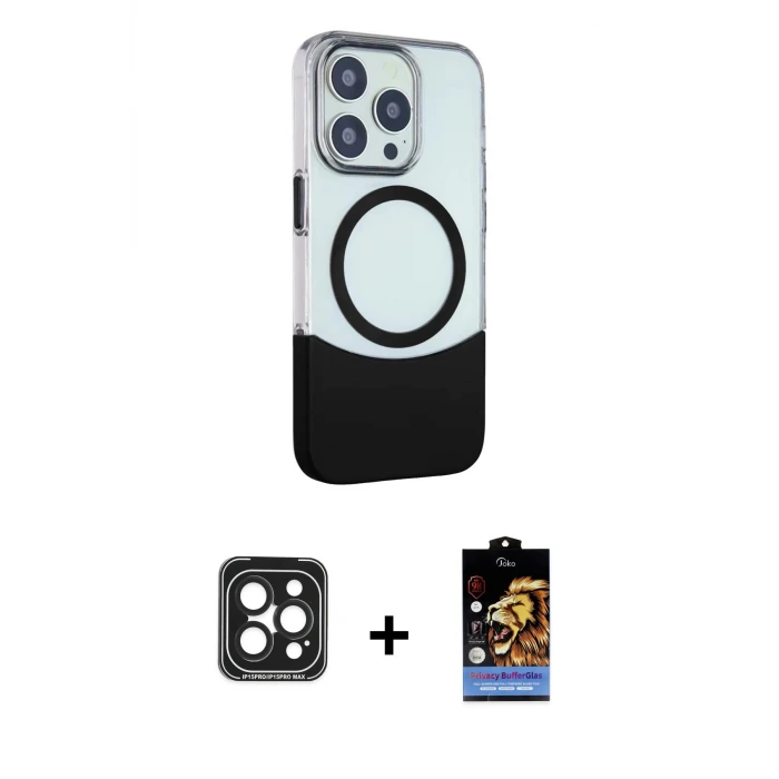 ieg™ iPhone 15 Pro Max Kılıf Çekirdek Asil Özel Seri - Siyah Buffer Hayalet Cam Ekran Koruyucu + PVD Metal Kamera Lens - SH