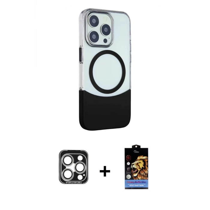 ieg™ iPhone 15 Pro Max Kılıf Çekirdek Asil Özel Seri - Siyah Buffer Hayalet Cam Ekran Koruyucu + PVD Metal Kamera Lens - GS