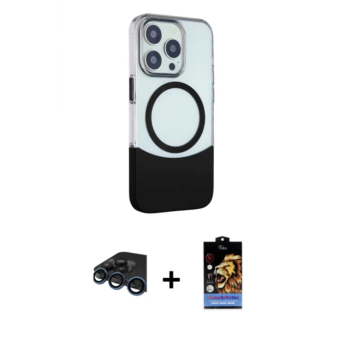 ieg™ iPhone 15 Pro Max Kılıf Çekirdek Asil Özel Seri - Siyah Buffer Hayalet Cam Ekran Koruyucu + Raze Metal Kamera Lens - LT