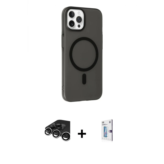ieg™ iPhone 15 Pro Max Kılıf Çekirdek Modern Prime - Siyah Bilvis 0.18mm Plus Cam Ekran Koruyucu + Raze Metal Kamera Lens - GS