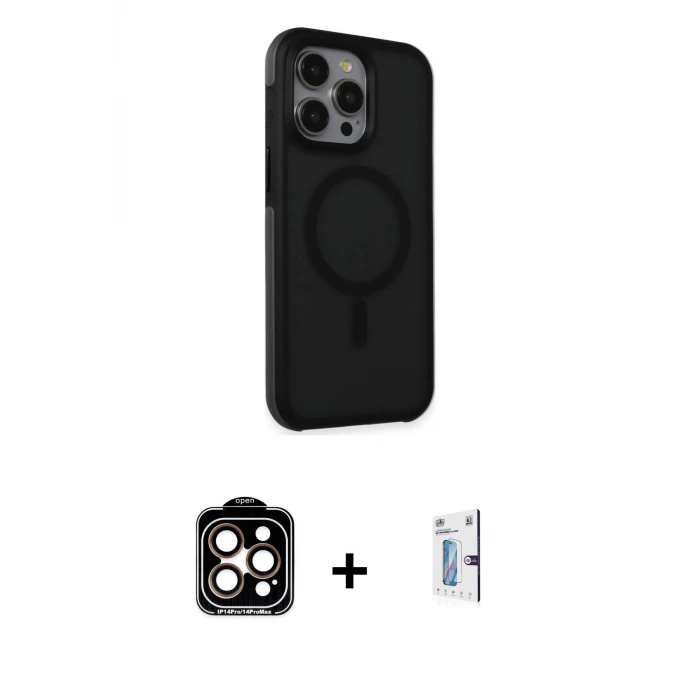 ieg™ iPhone 15 Pro Max Kılıf Çekirdek Yansıma Prime - Siyah Bilvis 0.18mm Plus Cam Ekran Koruyucu + PVD Metal Kamera Lens - TU
