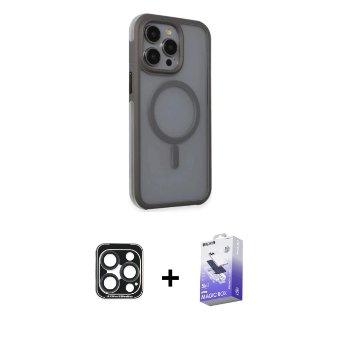 ieg™ iPhone 15 Pro Max Kılıf Çekirdek Yansıma Prime - Siyah Bilvis 5in1 5D Magic Hayalet Cam Ekran Koruyucu + PVD Metal Kamera Lens - LT