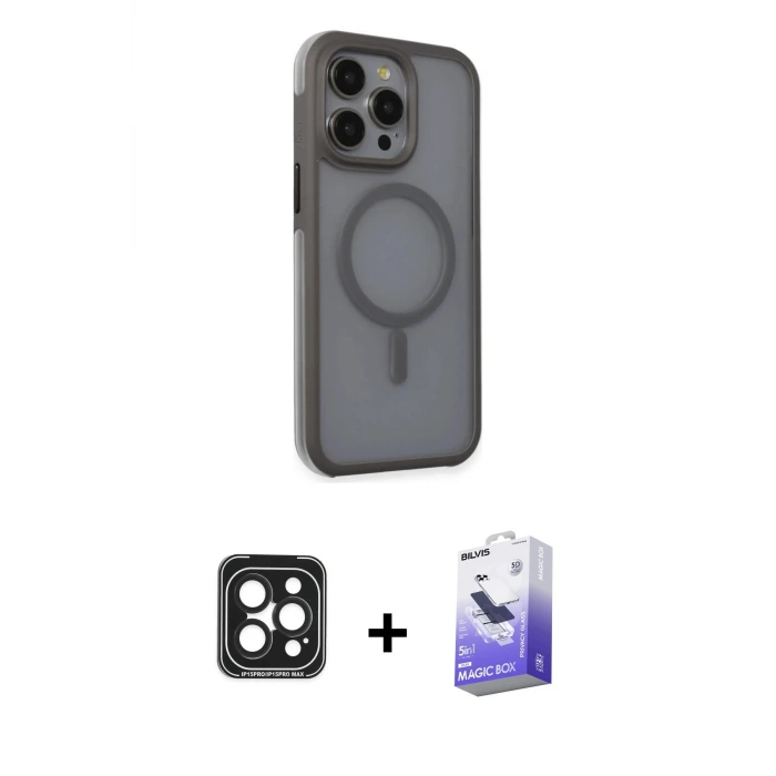 ieg™ iPhone 15 Pro Max Kılıf Çekirdek Yansıma Prime - Siyah Bilvis 5in1 5D Magic Hayalet Cam Ekran Koruyucu + PVD Metal Kamera Lens - SH