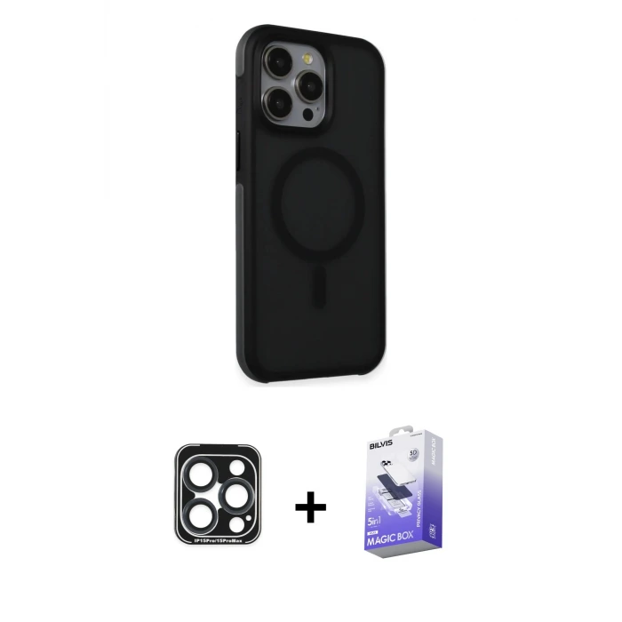 ieg™ iPhone 15 Pro Max Kılıf Çekirdek Yansıma Prime - Siyah Bilvis 5in1 5D Magic Hayalet Cam Ekran Koruyucu + PVD Metal Kamera Lens - LT