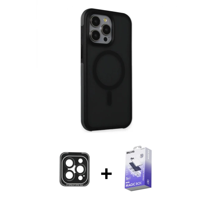 ieg™ iPhone 15 Pro Max Kılıf Çekirdek Yansıma Prime - Siyah Bilvis 5in1 5D Magic Hayalet Cam Ekran Koruyucu + PVD Metal Kamera Lens - SH