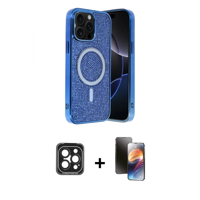 ieg™ iPhone 15 Pro Max Kılıf Eksen Çizgi - Siyah 3D Antistatik Mat Seramik Nano Ekran Koruyucu + PVD Metal Kamera Lens - SH