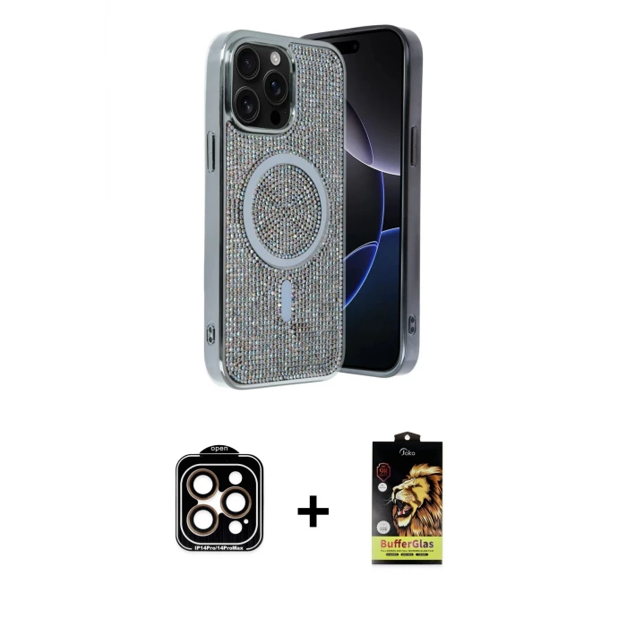 ieg™ iPhone 15 Pro Max Kılıf Eksen Çizgi - Siyah Buffer Cam Ekran Koruyucu + PVD Metal Kamera Lens - TU