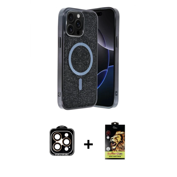 ieg™ iPhone 15 Pro Max Kılıf Eksen Çizgi - Siyah Buffer Cam Ekran Koruyucu + PVD Metal Kamera Lens - TU